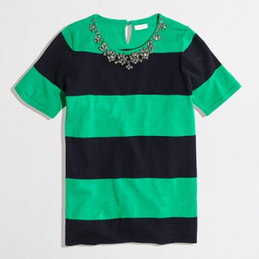 J.Crew Navy Blue and Green Stripe Bejeweled Merino Wool Short Sleeve Sweater, XS